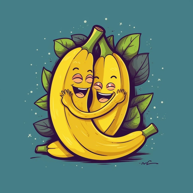 Hay dos plátanos abrazándose el uno al otro con hojas en ellos generativo ai