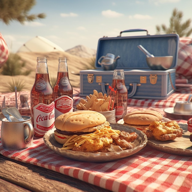 Hay dos platos de comida en una mesa de picnic con refresco y refresco generativo ai