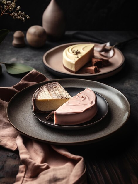 hay dos platos con dos tipos diferentes de tartas de queso sobre ellos ai generativo