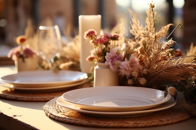 hay dos platos y un jarrón con flores sobre una mesa ai generativo