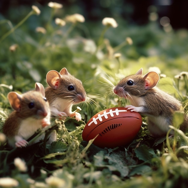 hay dos ratones que juegan con una pelota de fútbol en el césped ai generativo