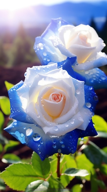 hay dos rosas blancas con pétalos azules en el sol generativo ai