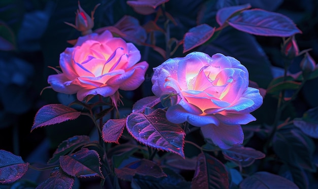 Foto hay dos rosas que brillan en la oscuridad generativa ai