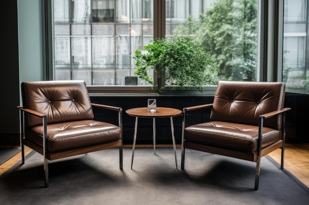 Hay dos simples sillones de cuero colocados junto a una mesa de café en una oficina sofisticada o un...