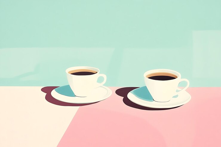 hay dos tazas de café en una mesa con un fondo rosa y azul