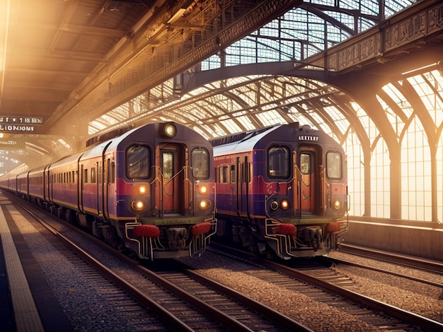 Hay dos trenes en las vías, uno de los cuales es rojo y morado.