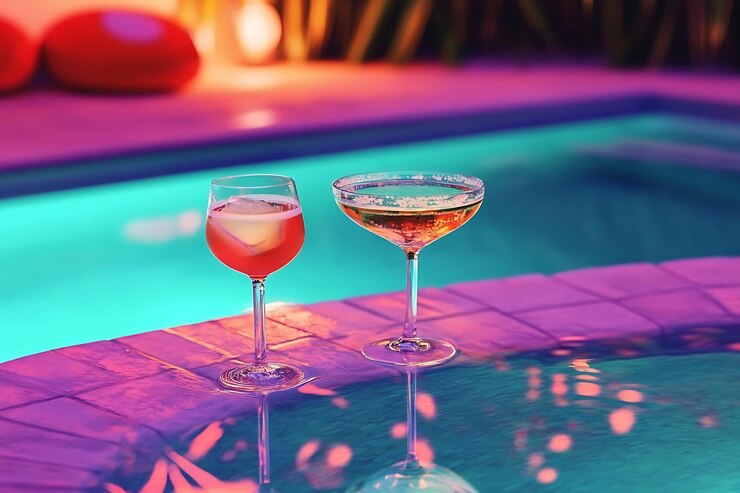 hay dos vasos de vino sentados al lado de una piscina