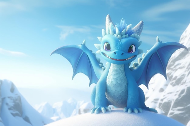 Hay un dragón azul con cara blanca y alas generativas ai.