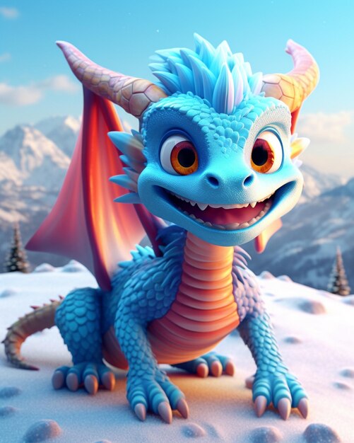 Hay un dragón azul con cuernos naranjas y una gran sonrisa generativa ai