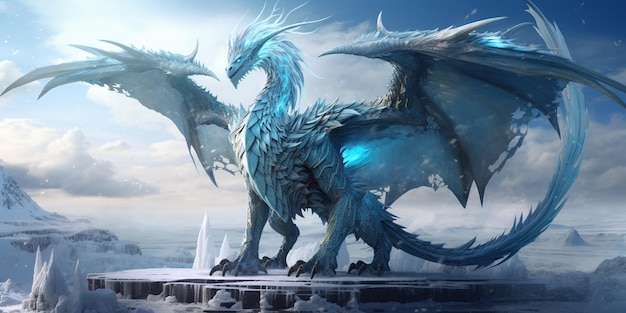 hay un dragón azul que está de pie en una plataforma generativa ai