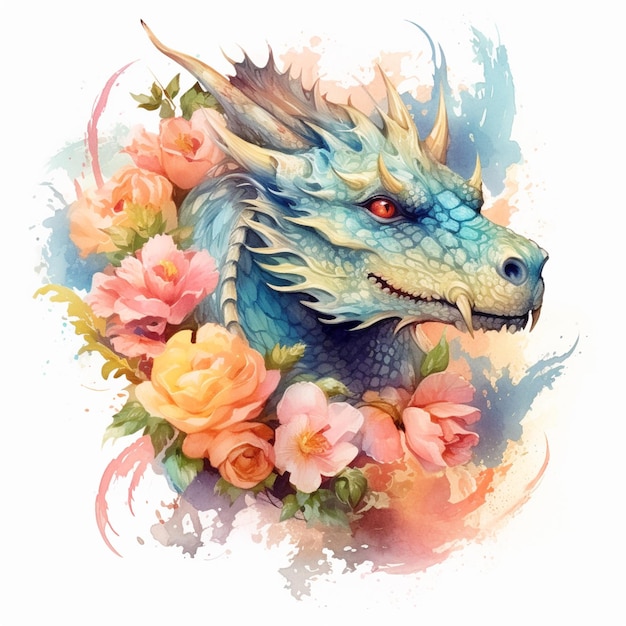 Hay un dragón con una corona de flores a su alrededor ai generativo.