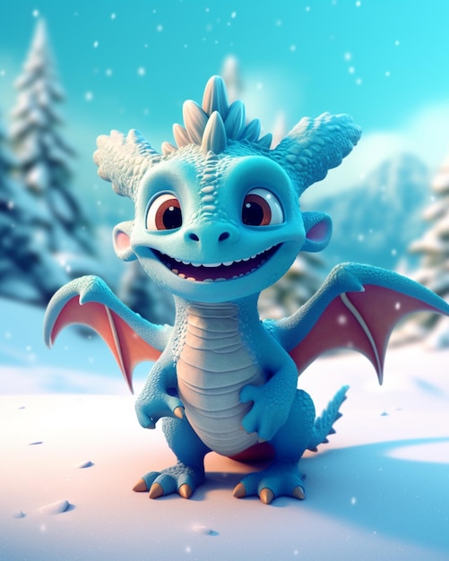 Hay un dragón de dibujos animados que está de pie en la nieve generativo ai