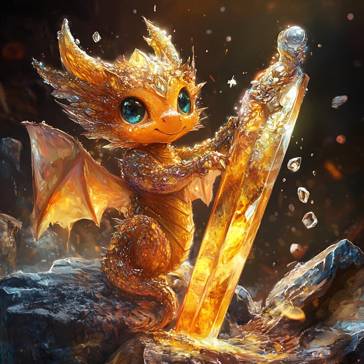 Foto hay un dragón con una espada en la mano.