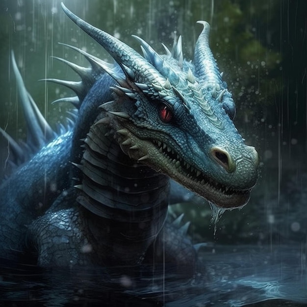 Hay un dragón que está de pie en el agua en la lluvia generativo ai