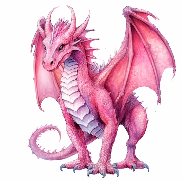 Hay un dragón rosa con un cuerpo blanco y una larga cola generativa ai