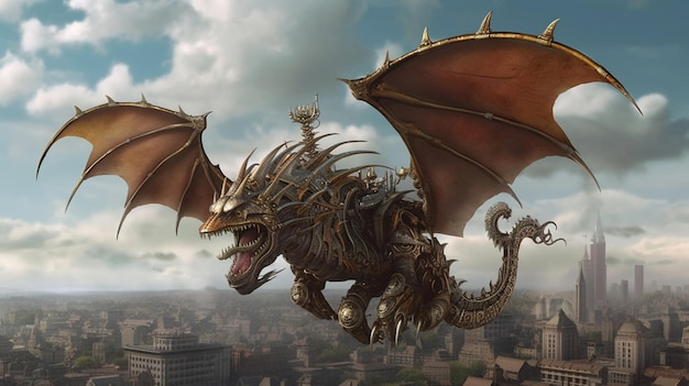 Hay un dragón volando sobre una ciudad con un fondo de cielo generativo ai