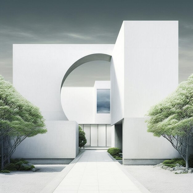 hay un edificio blanco con una entrada circular y árboles generativos ai