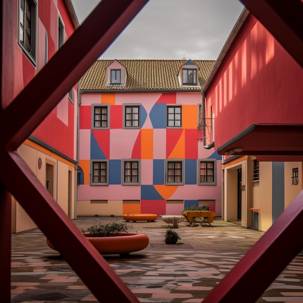 Hay un edificio colorido detrás de una valla roja generativa ai