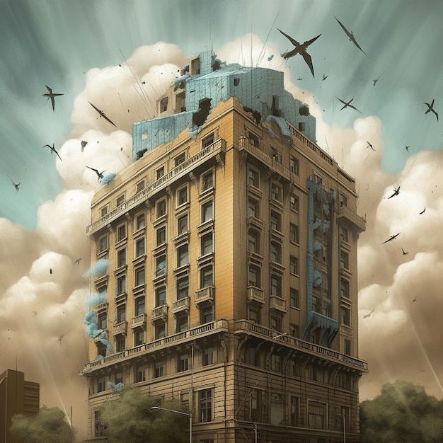 Hay un edificio grande con muchos pájaros volando a su alrededor aire generativo