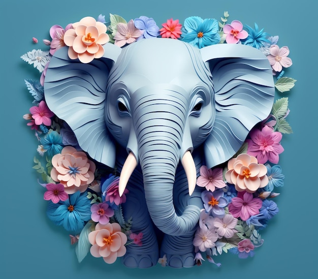 hay un elefante azul con flores a su alrededor ai generativa