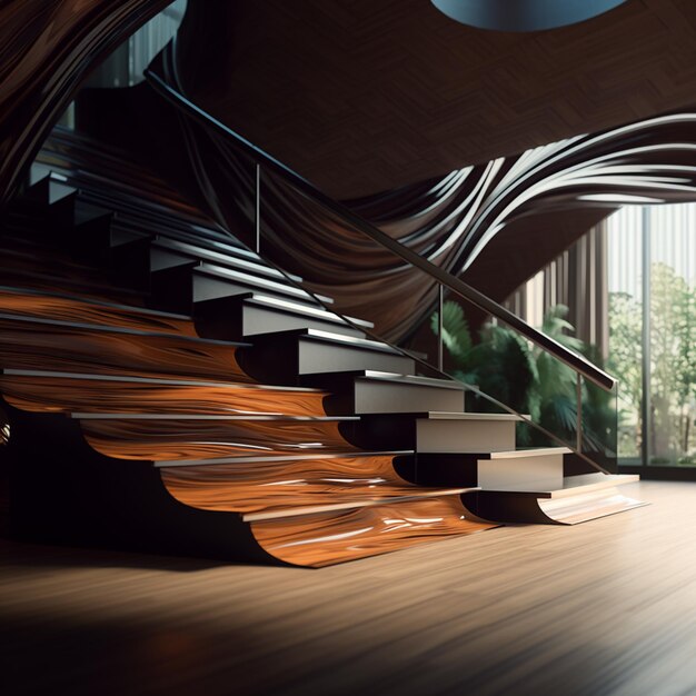 hay una escalera con peldaños de madera y barandilla de cristal ai generativo