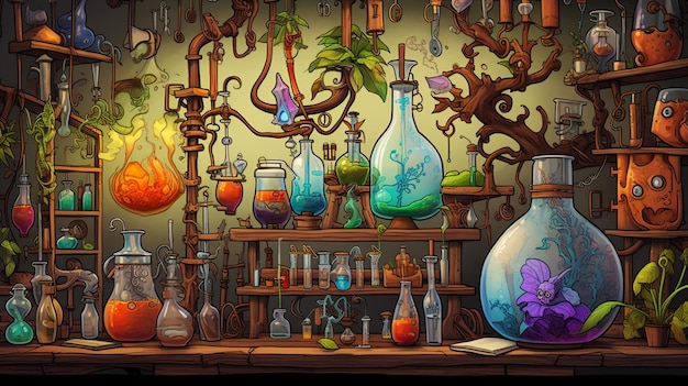 hay una escena de dibujos animados de un laboratorio de ciencias con plantas y botellas de ai generativa