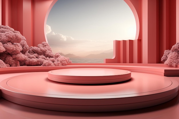 Hay un escenario rosa con una plataforma circular en el medio generativo ai