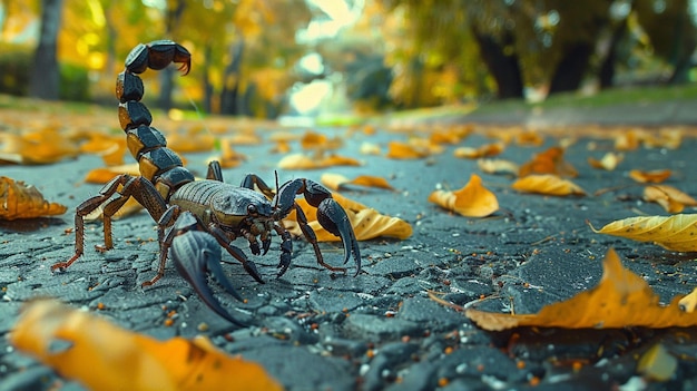Foto hay un escorpión que está sentado en el suelo con hojas generativas ai