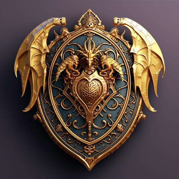 Hay un escudo dorado y azul con dos alas generativas ai