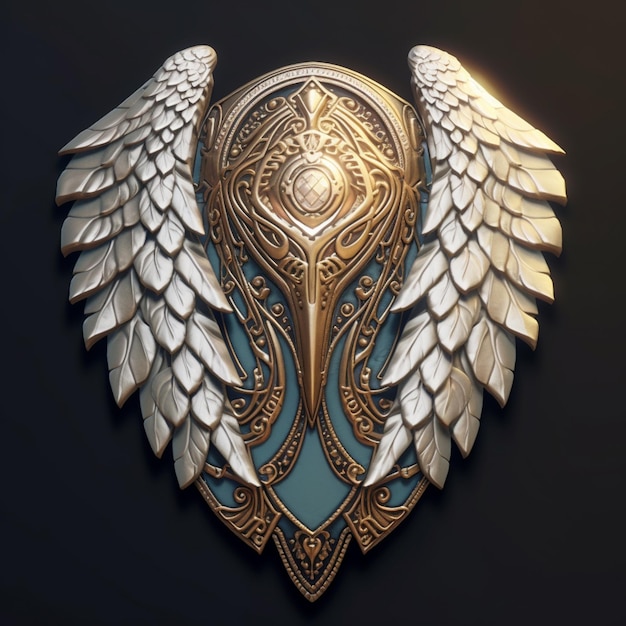 Hay un escudo de oro y plata con alas generativas ai