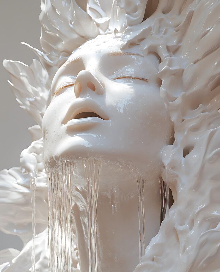 hay una escultura blanca de una mujer con el cabello largo