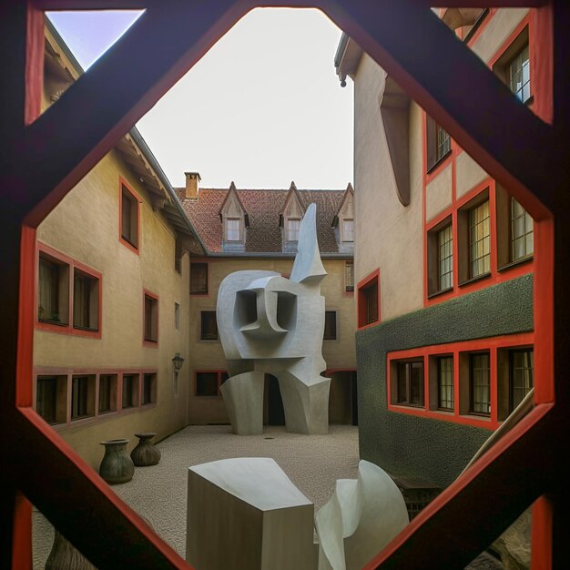 Foto hay una escultura en medio de un patio con un edificio al fondo ai generativo