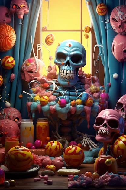 hay un esqueleto sentado en una habitación con dulces y ai generativa de dulces