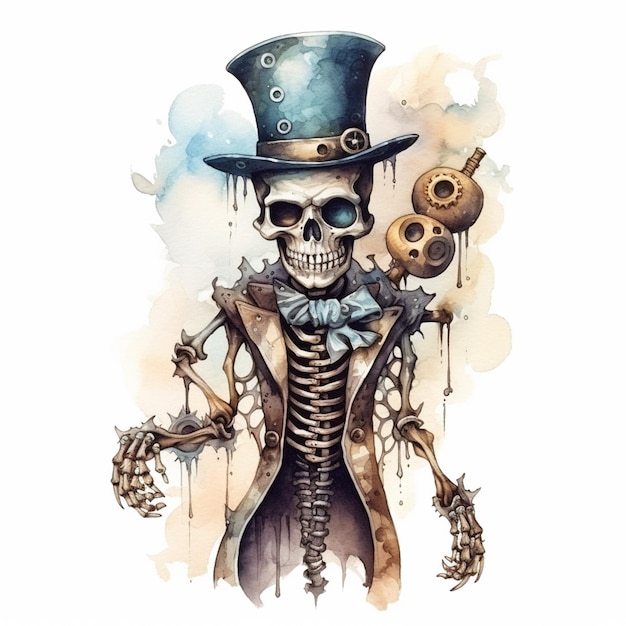 hay un esqueleto con un sombrero de copa y sosteniendo un cráneo generativo ai