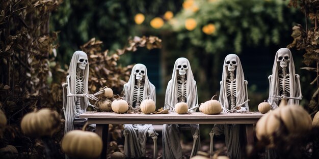 hay esqueletos sentados en una mesa con calabazas y calabazas ai generativo