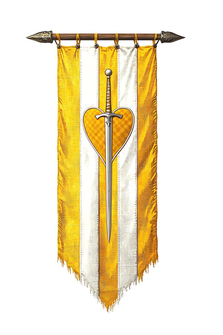 hay un estandarte amarillo y blanco con una espada en él