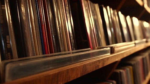 Hay un estante lleno de libros y cds en una biblioteca generativa ai