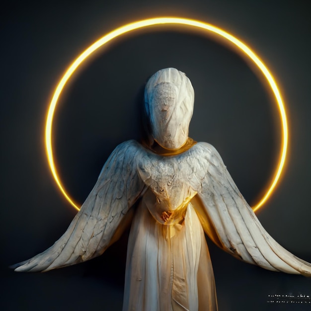 Hay una estatua de un ángel con un halo a su alrededor generativo ai