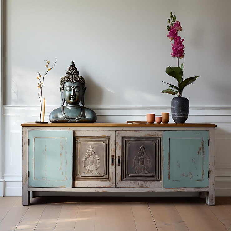 hay una estatua de Buda en una mesa de madera junto a un jarrón