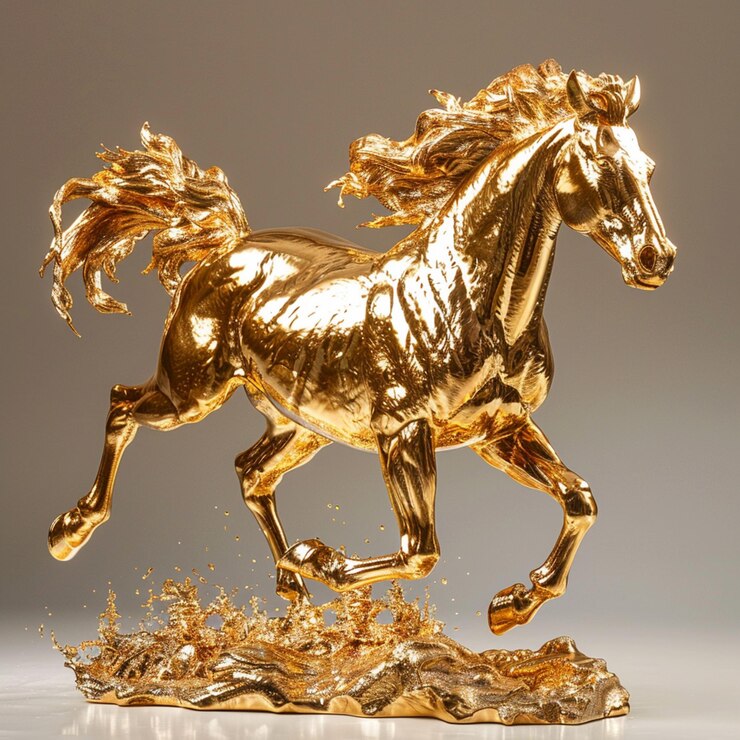 Hay una estatua de caballo dorado corriendo sobre una superficie blanca generativa ai