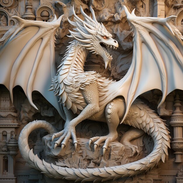 Foto hay una estatua de un dragón en un edificio generativo ai