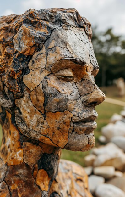 Foto hay una estatua de un hombre con una cara hecha de madera generativa ai