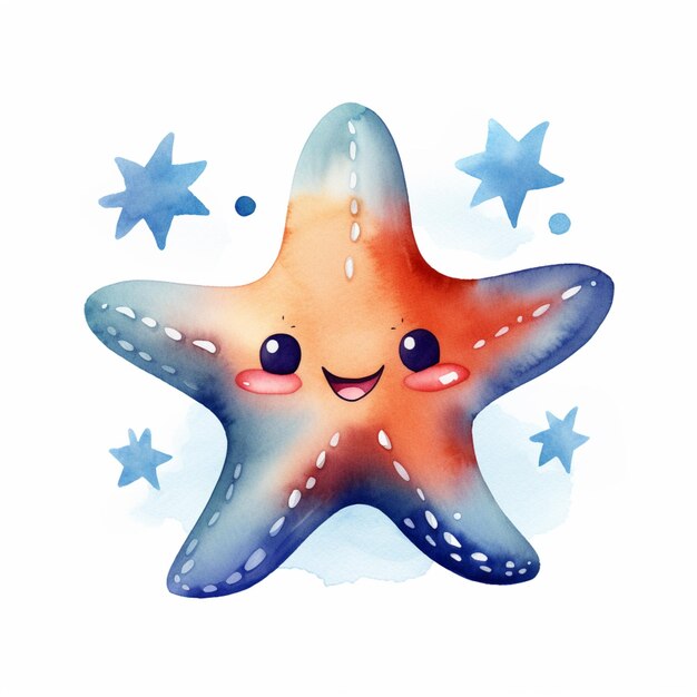 Hay una estrella de mar con una cara sonriente y muchas estrellas generativas ai