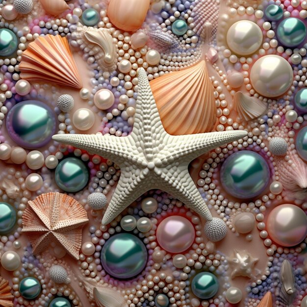 hay una estrella de mar y perlas sobre una mesa con conchas ai generativa