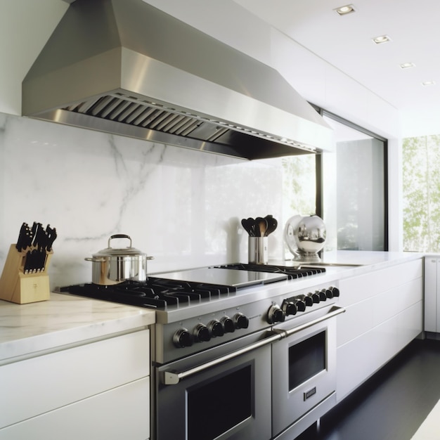 hay una estufa y un horno en una cocina con una ventana generativa ai