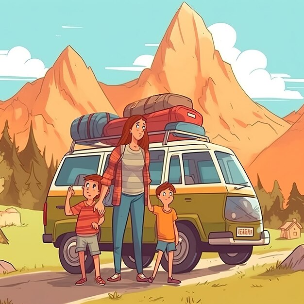 Hay una familia feliz en el camping y está de vacaciones.