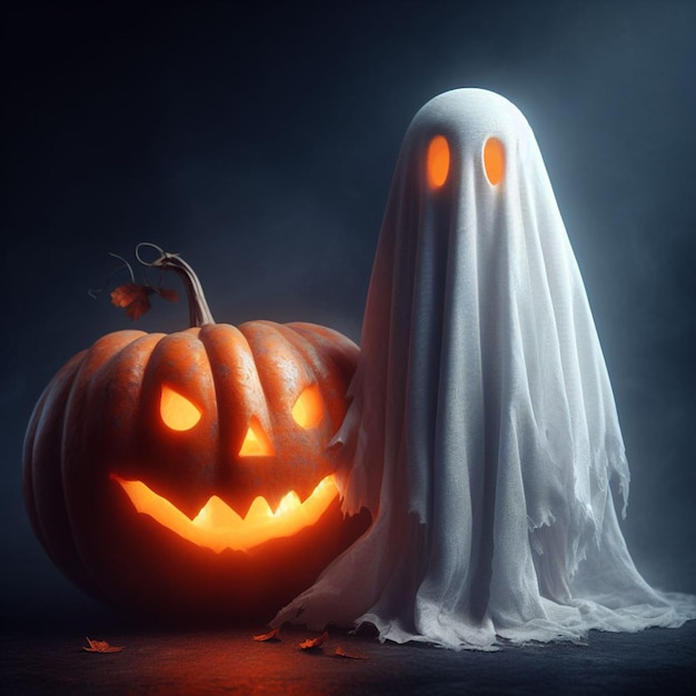 Foto hay un fantasma parado con calabazas.