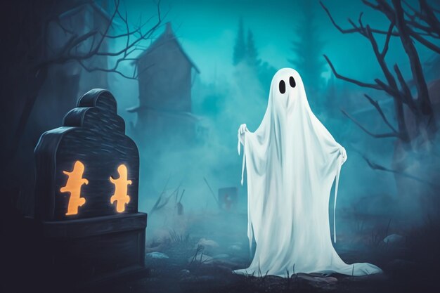 Hay un fantasma de pie frente a un cementerio con una lápida generativa ai