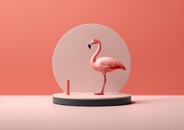 Hay un flamenco rosado de pie en un pedestal blanco generativo ai