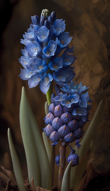 Hay una flor azul que crece de la tierra generativa ai